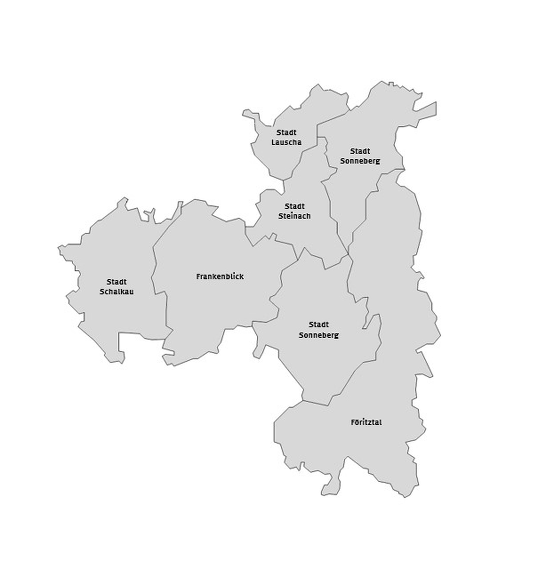 Das Bild zeigt das Verbandsgebiet des Wasserversorgungs- und Abwasserzweckverbandes Sonneberg unterteilt in seine Städte und Kommunen: Stadt Schalkau, Stadt Sonneberg, Stadt Steinach, Stadt Lauscha, Gemeinde Frankenblick und Gemeinde Föritztal.